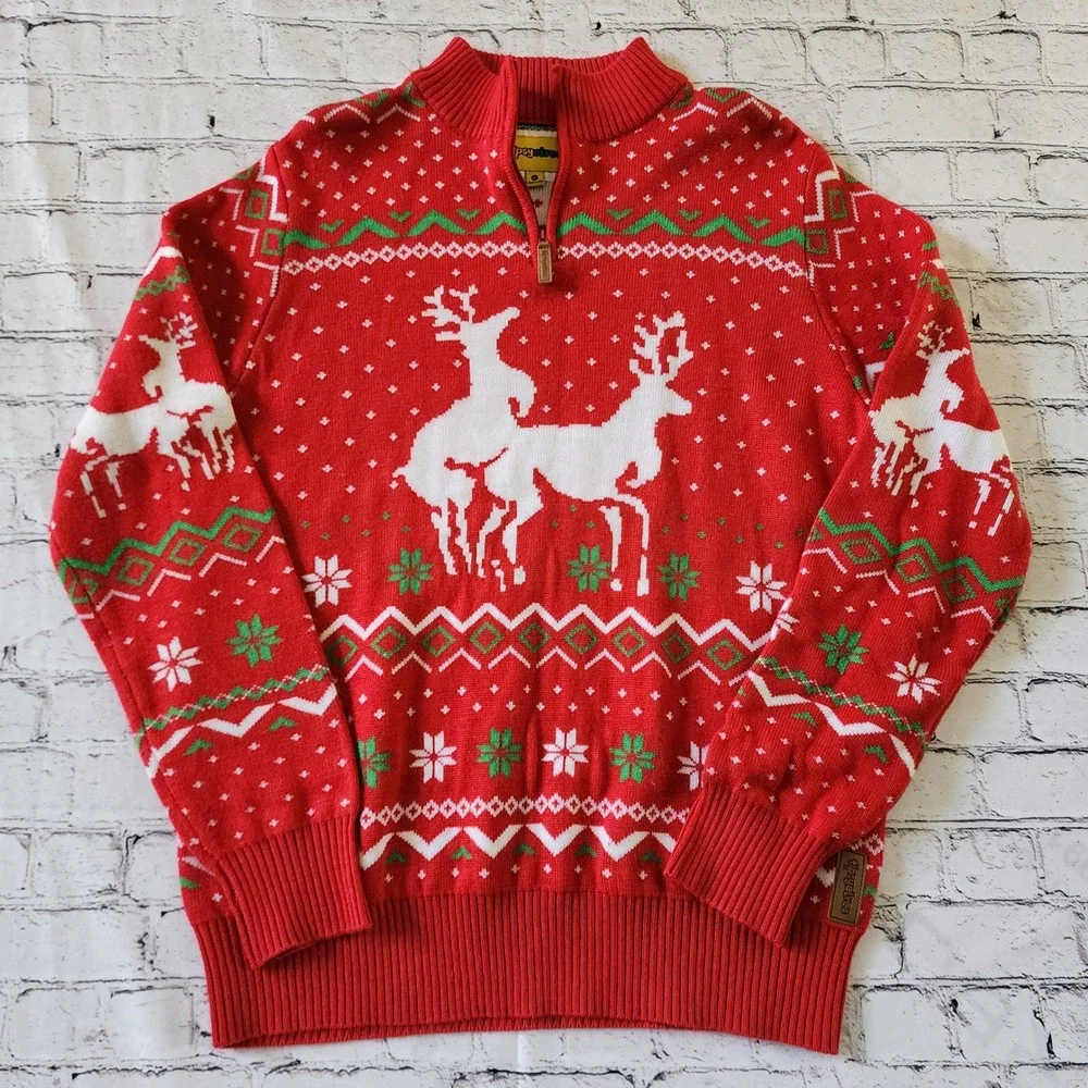 Tipsy Elves Men's XL Reindeer Humping Ugly Christmas Sweater Quarter Zip Red